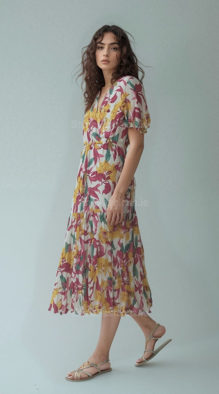 Yellow & Pink Floral Print Midi Dress