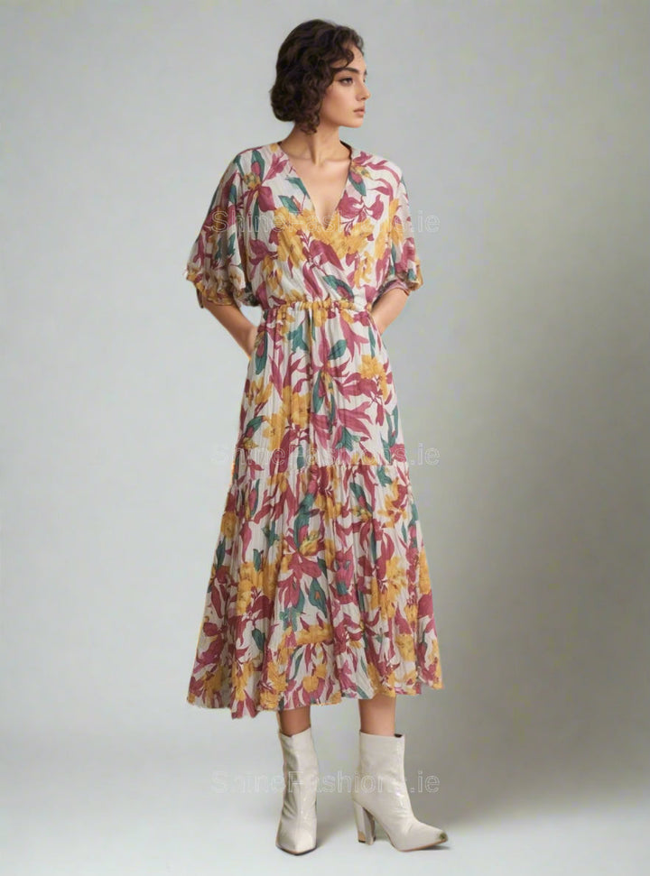 Yellow & Pink Floral Print Midi Dress
