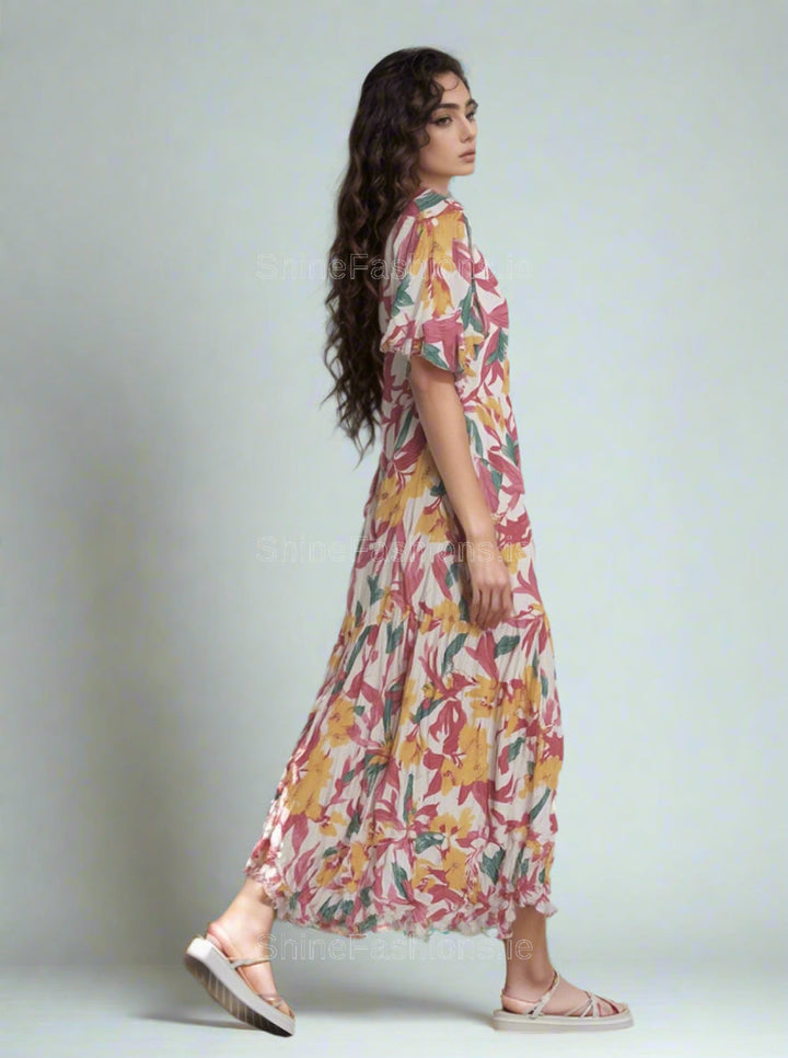 Yellow & Pink Floral Print Midi Dress
