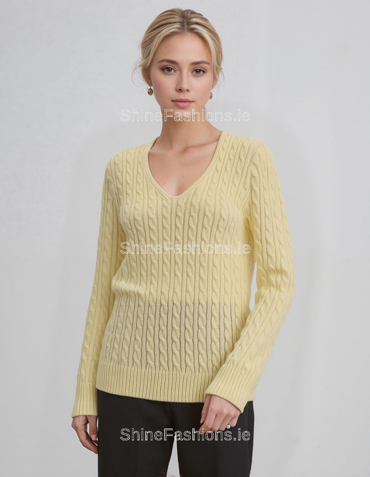 Yellow V-Neck Cable Knit Jumper