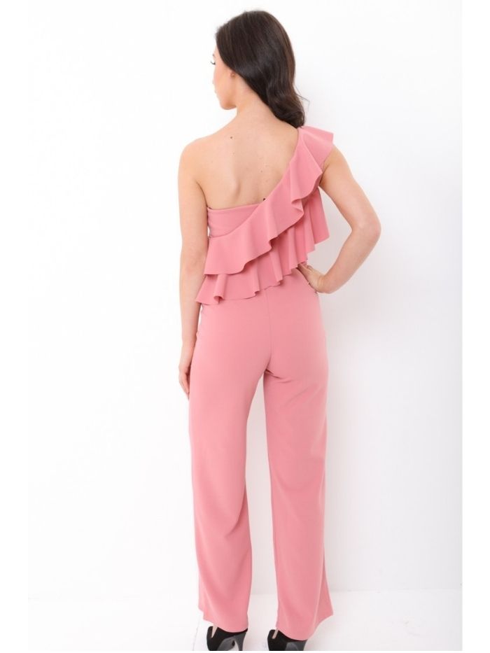 Blush Pink One Shoulder Frill Jumpsuit