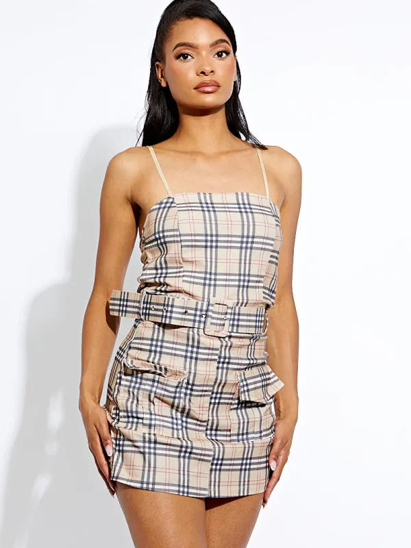 Beige Check Print Cargo Strappy Skort Dress with Matching Belt