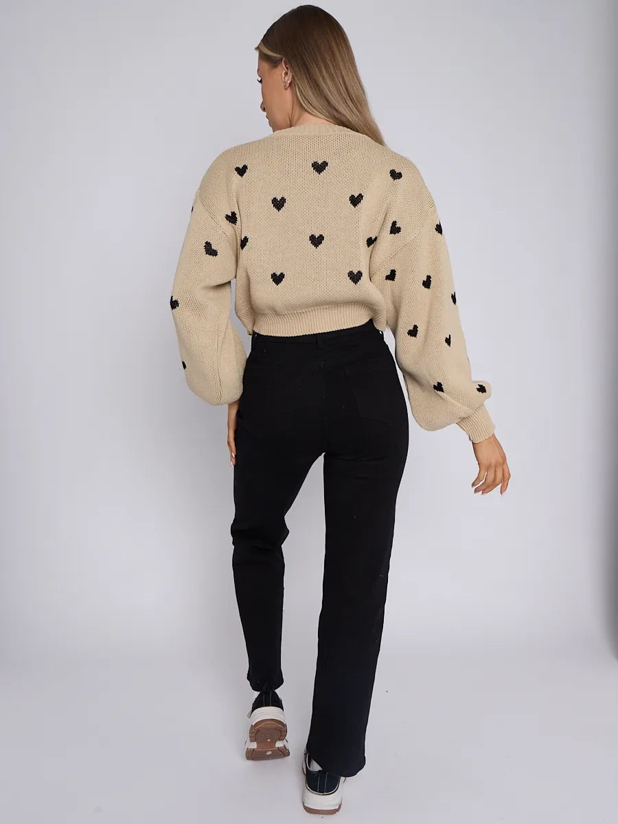 Beige Love Heart Detail Oversized Cropped Knitted Jumper