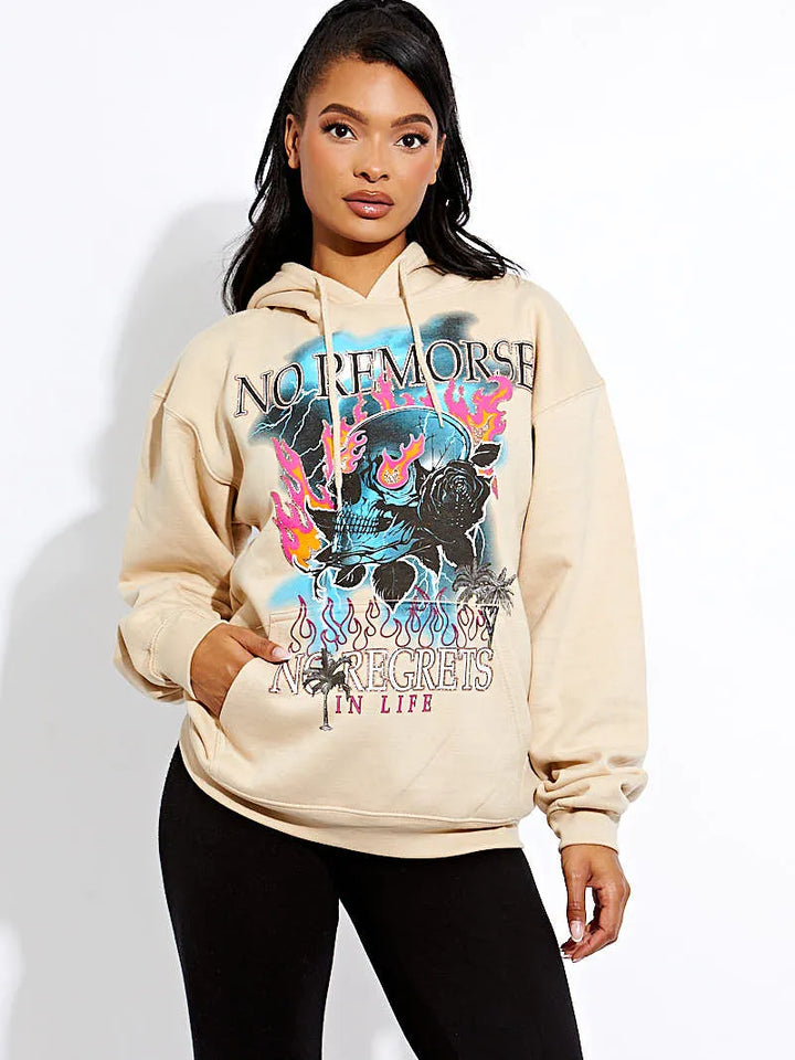 Beige No Remorse Skull Graphic Print Hoodie