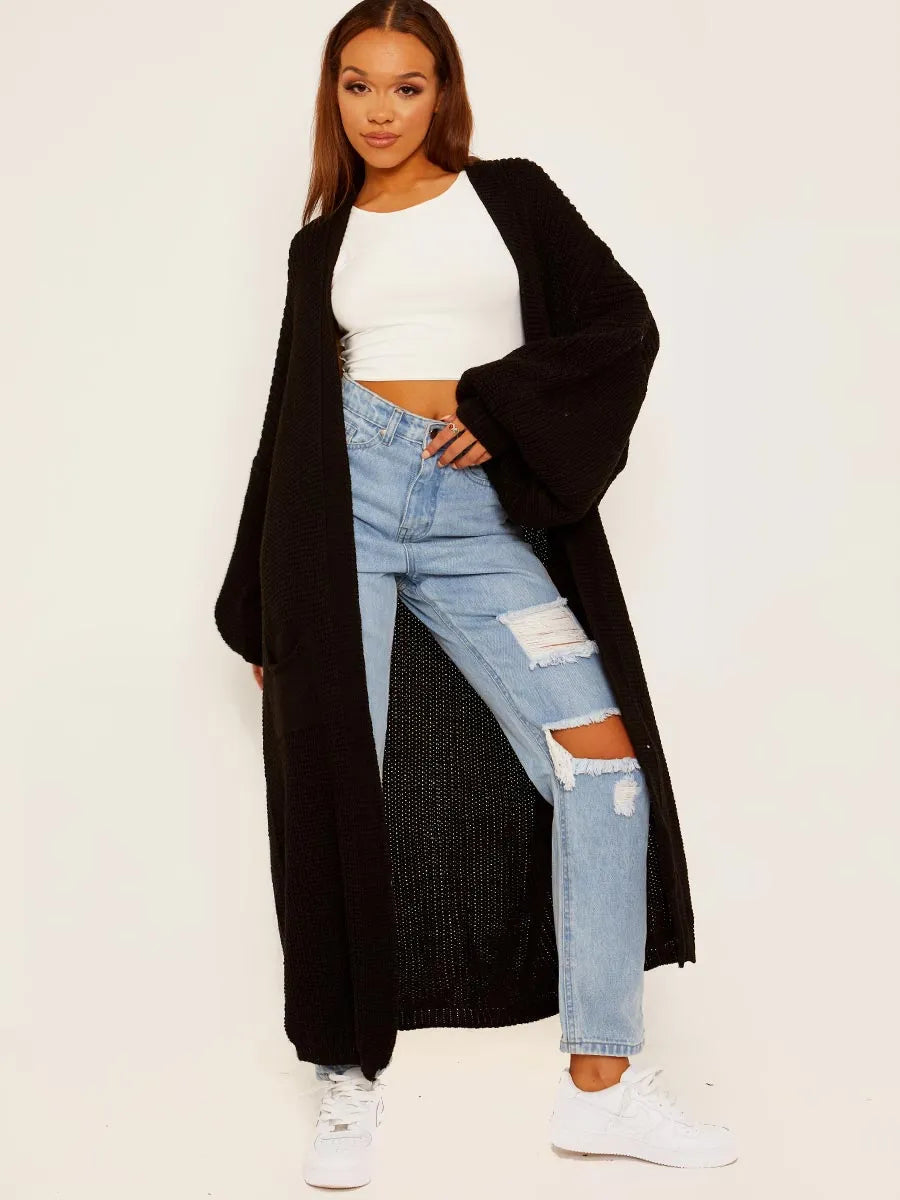 Black Balloon Sleeves Knitted Longline Open Cardigan