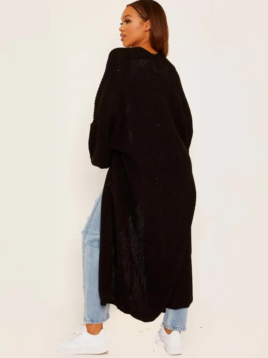 Black Balloon Sleeves Knitted Longline Open Cardigan