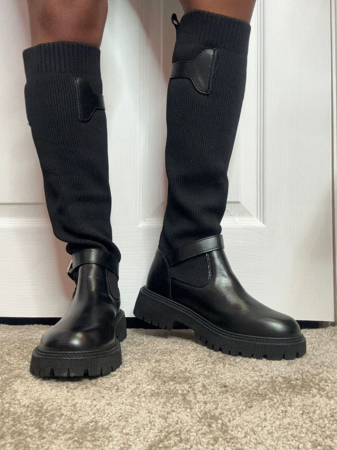 Black Knee High Buckle Detail Sock Chunky Boots