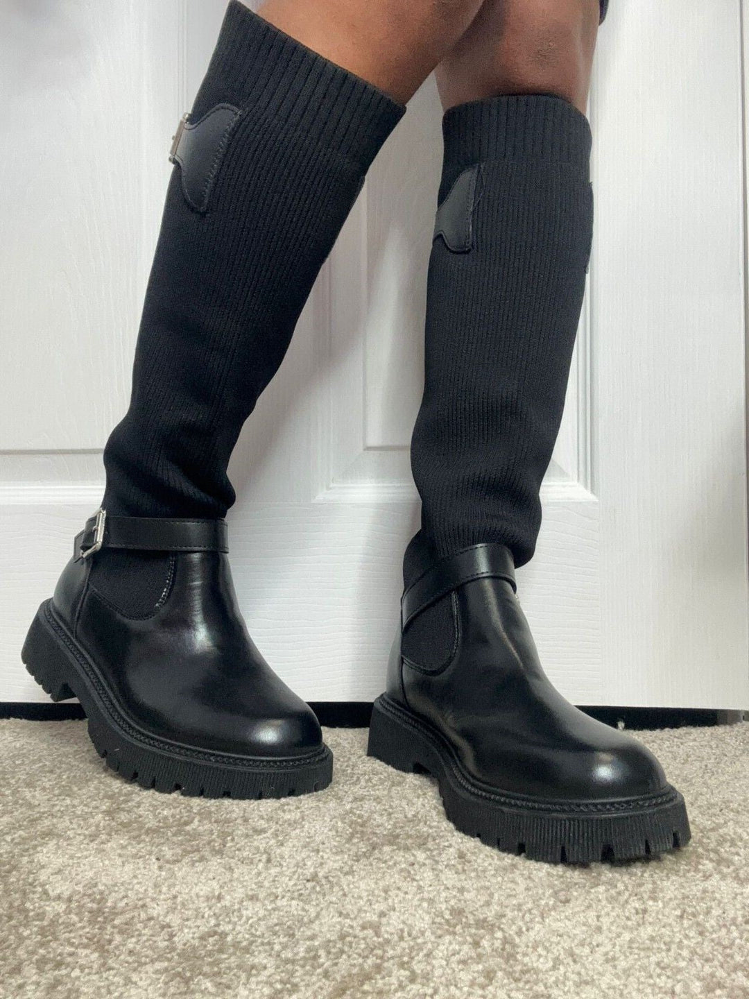 Black Knee High Buckle Detail Sock Chunky Boots