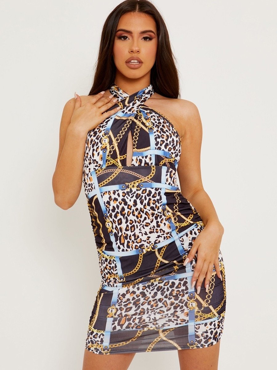 Black Leopard Chain Print Slinky Halter Ruched Dress