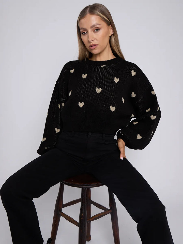 Black Love Heart Detail Oversized Cropped Knitted Jumper