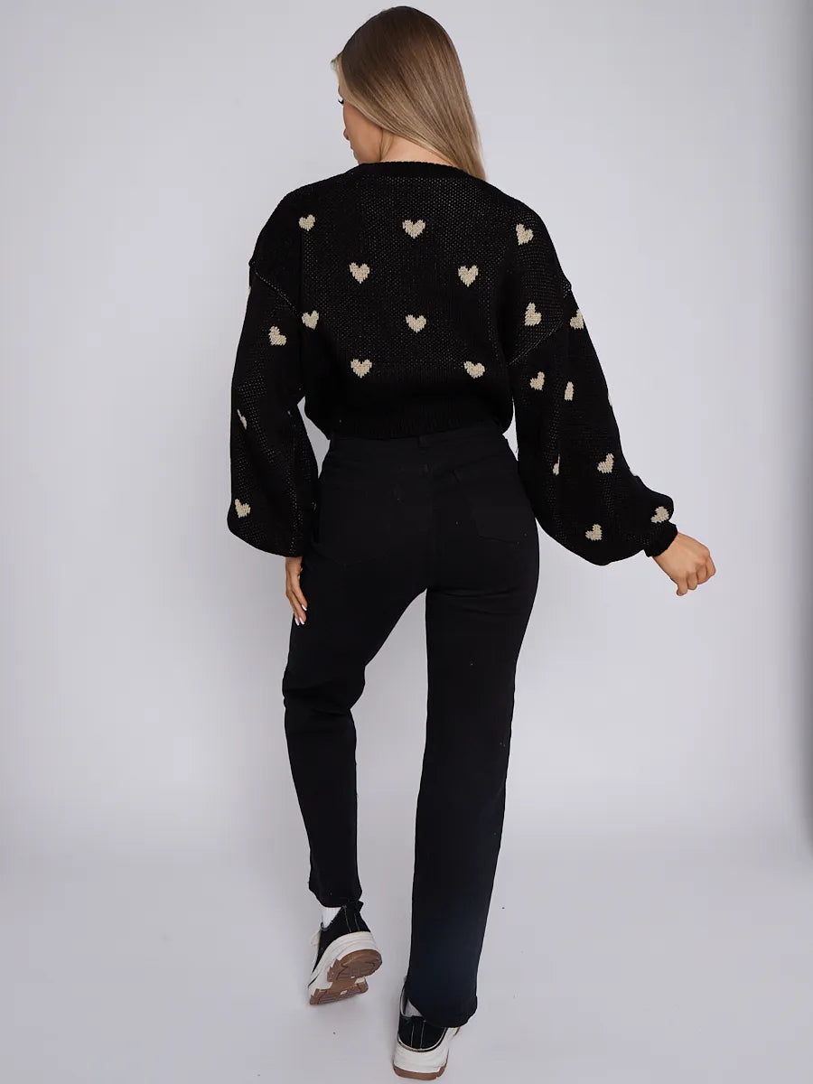 Black Love Heart Detail Oversized Cropped Knitted Jumper