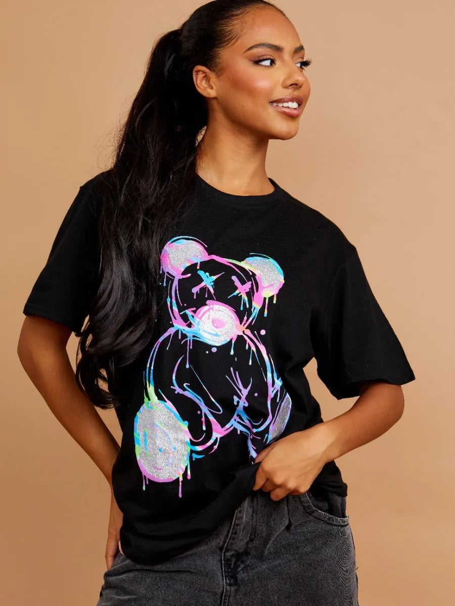 Black Multicolour Teddy Bear Graphic Printed Oversized T-Shirt