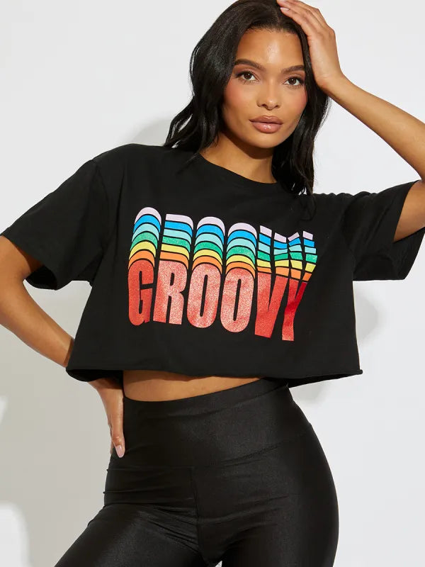 Black Oversized Groovy Graphic Crop Top