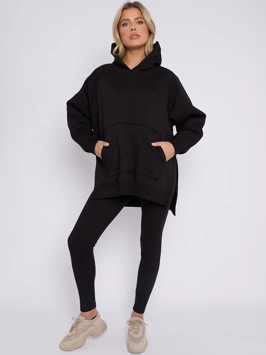 Black Oversized Side Slit Hoodie & Ribbed Leggings Loungewear Set