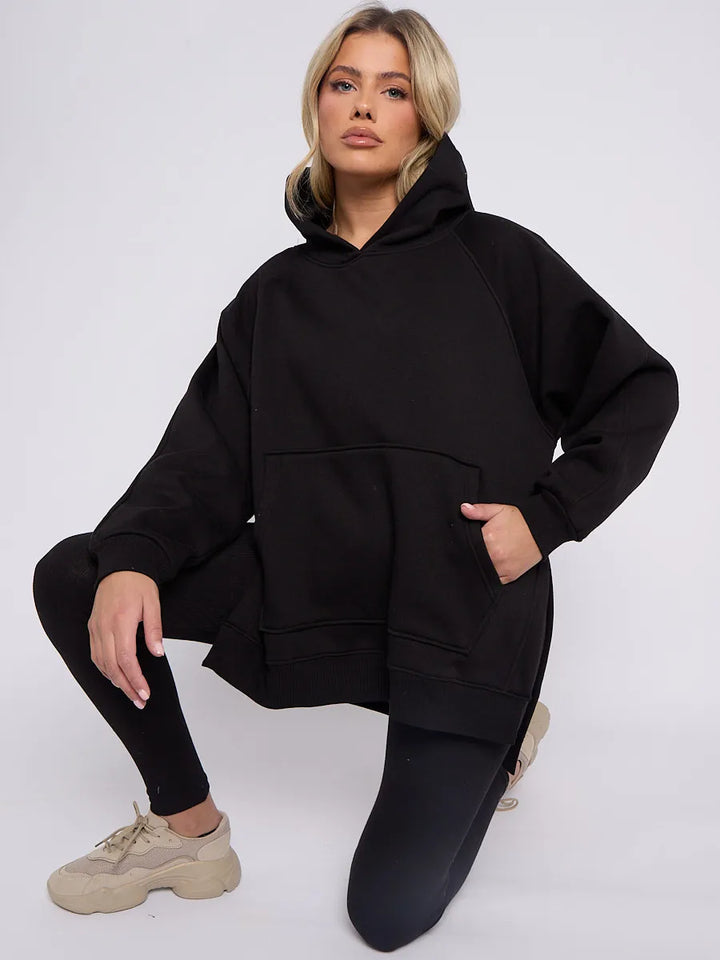 Black Oversized Side Slit Hoodie & Ribbed Leggings Loungewear Set