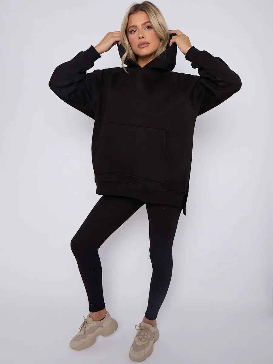 Black Oversized Side Slit Hoodie & Ribbed Leggings Loungewear Set