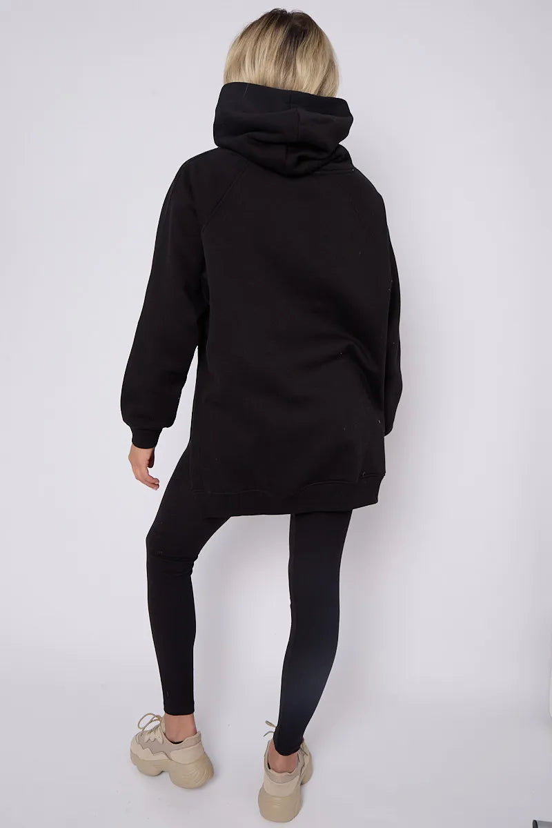 Black Oversized Side Slit Hoodie & Ribbed Leggings Loungewear Set