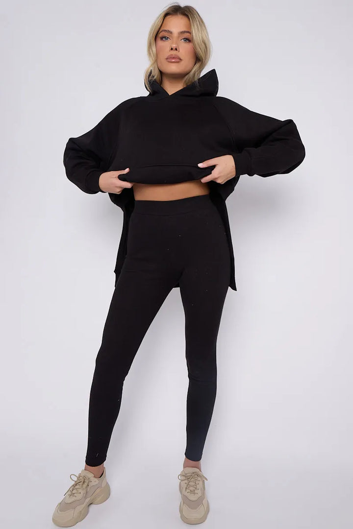 Black Oversized Side Slit Hoodie & Ribbed Leggings Loungewear Set