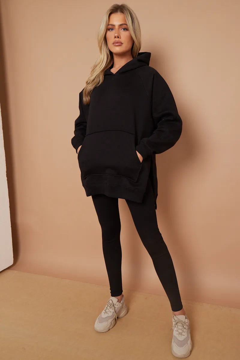 Black Oversized Side Slit Hoodie & Ribbed Leggings Loungewear Set