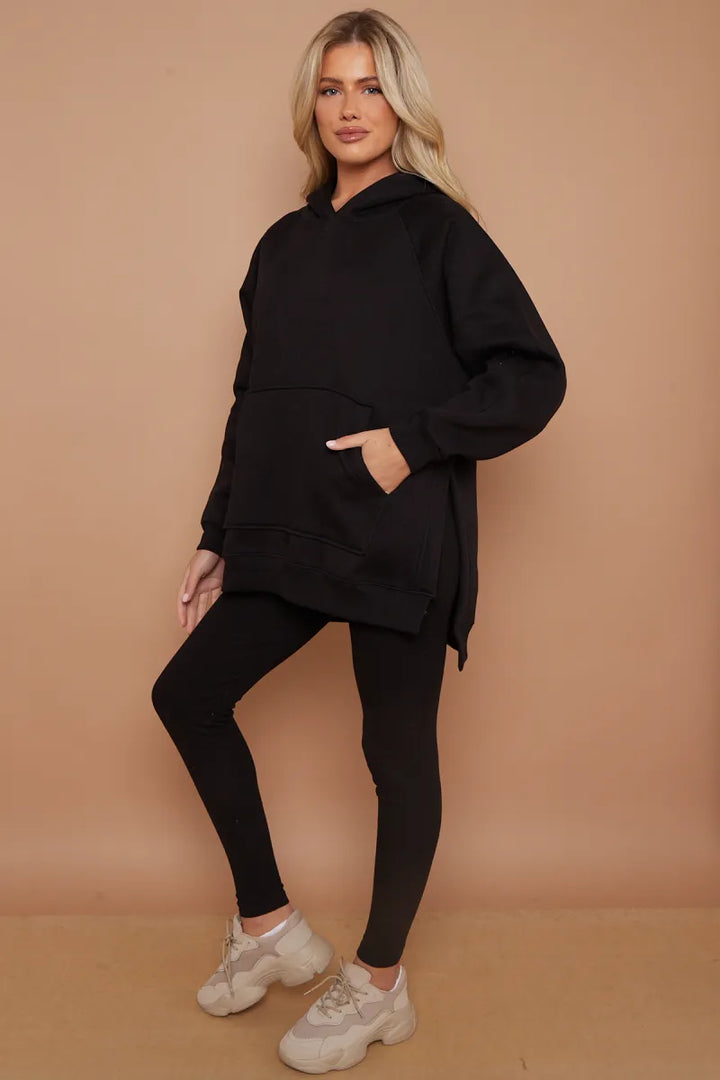 Black Oversized Side Slit Hoodie & Ribbed Leggings Loungewear Set