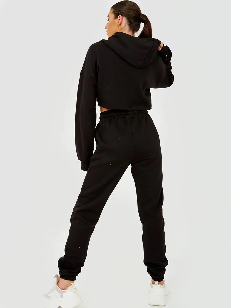 Black Piping Detail Cropped Hoodie & Jogger Co-Ord Set