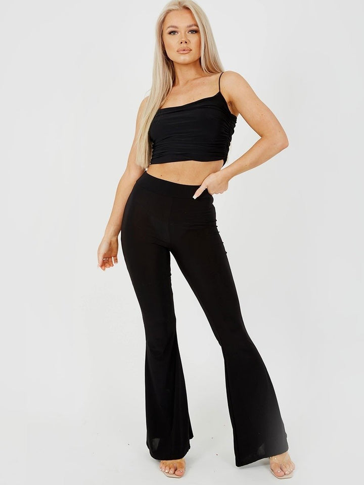 Black Ruched Scrunch Back Slinky Flared Trousers