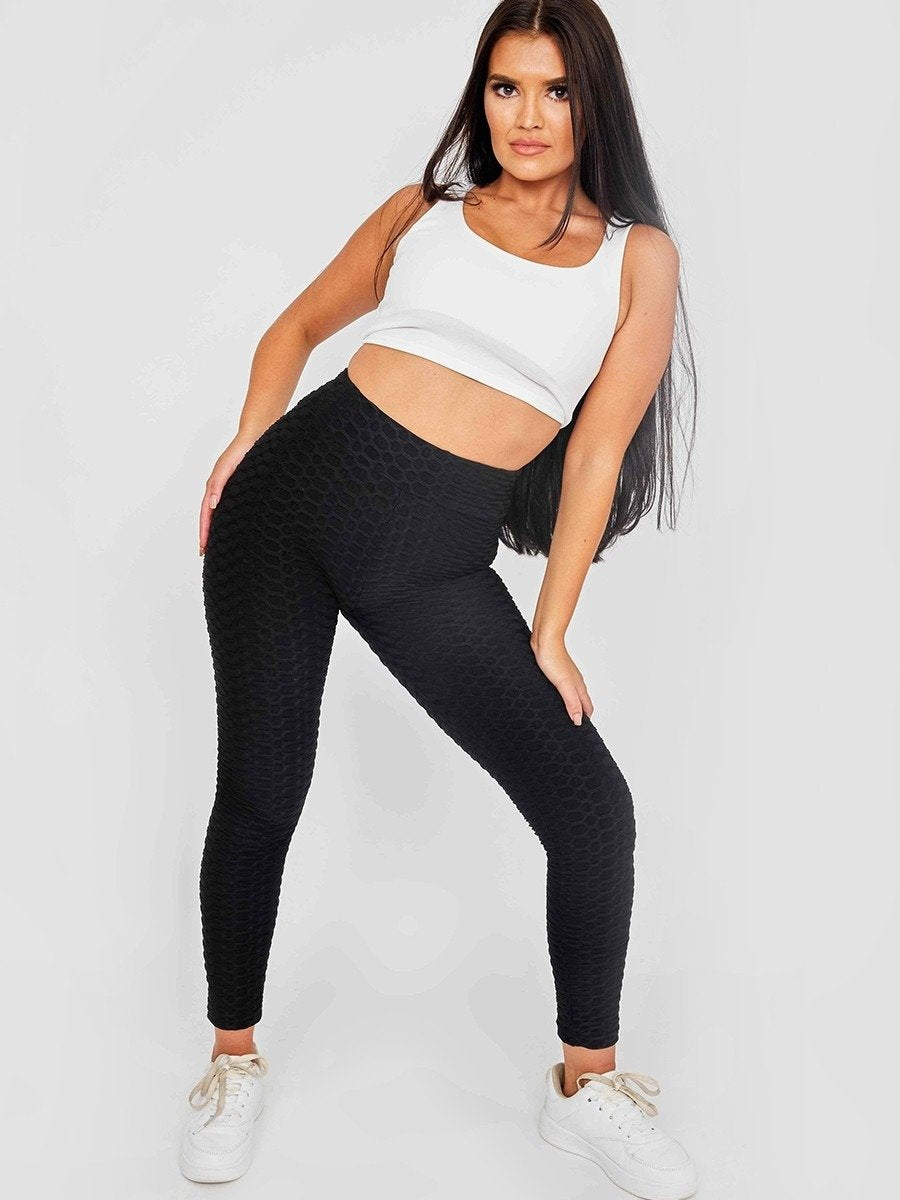 Black Ruched Back Honeycomb Texture Detail Active Legging