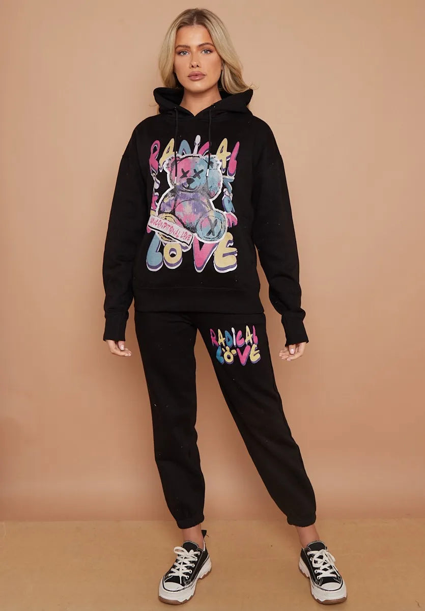 Black Teddy Bear Oversized Hoodie & Jogger Graphic Loungewear Co-ord