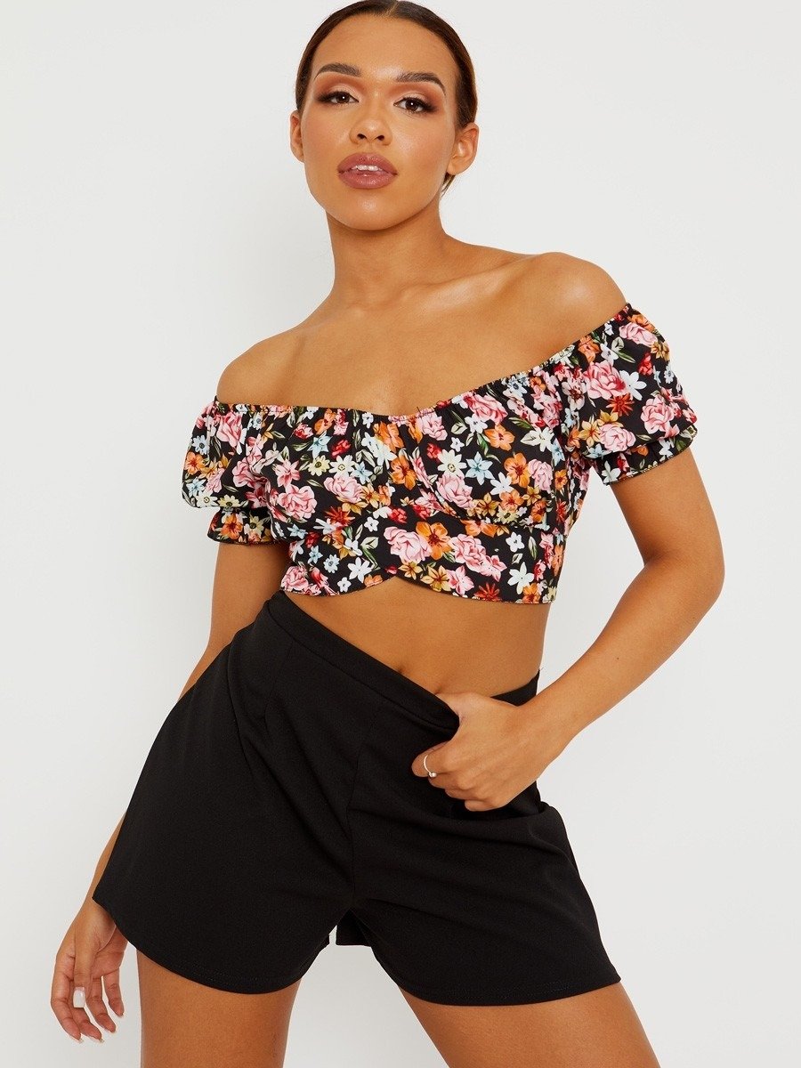 Black Tie Knot Floral Bardot Crop Top