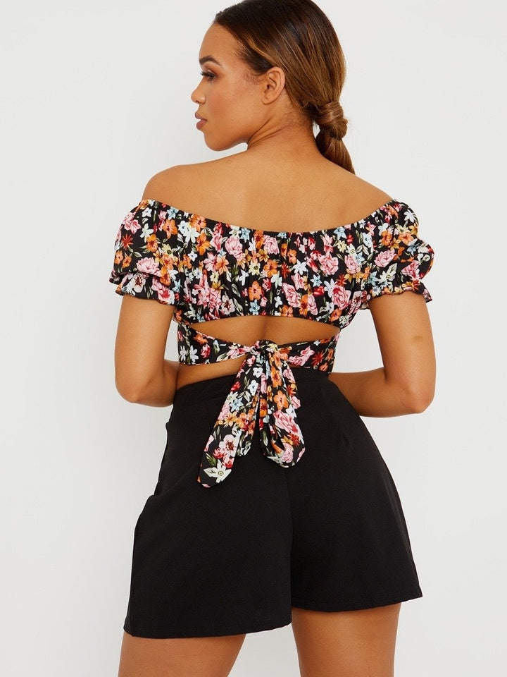 Black Tie Knot Floral Bardot Crop Top