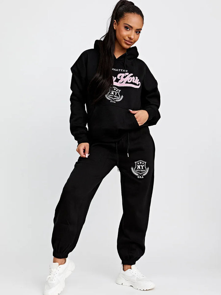 Black Towelling Embroidered New York Hooded Fleece Loungewear Set