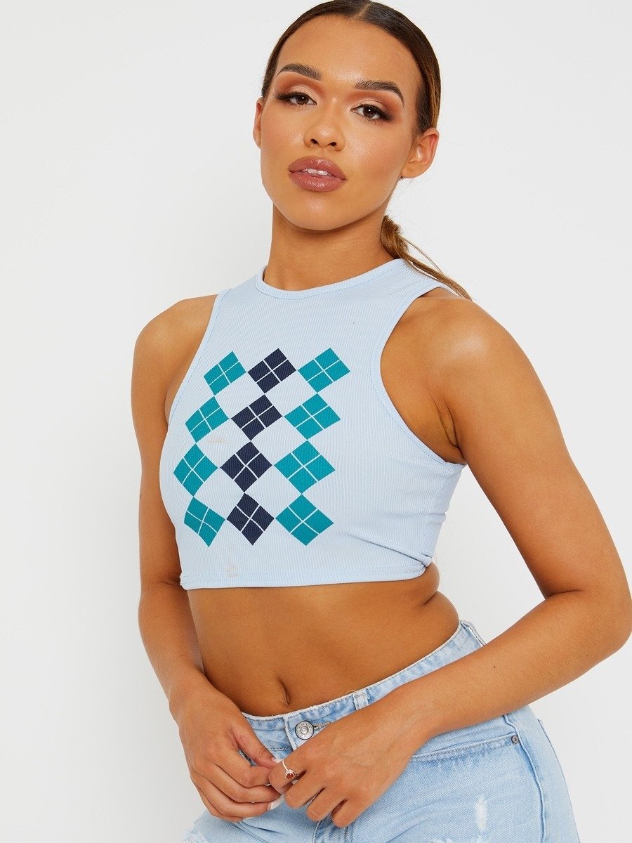 Blue Argyle Print Ribbed Tank Crop Top