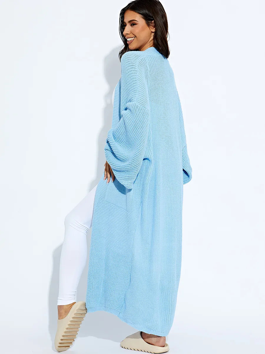 Blue Balloon Sleeves Knitted Longline Open Cardigan