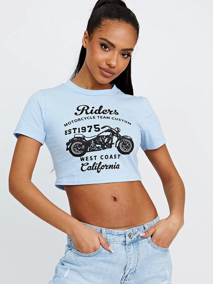 Blue Riders Motorcycle Graphic Crop Top