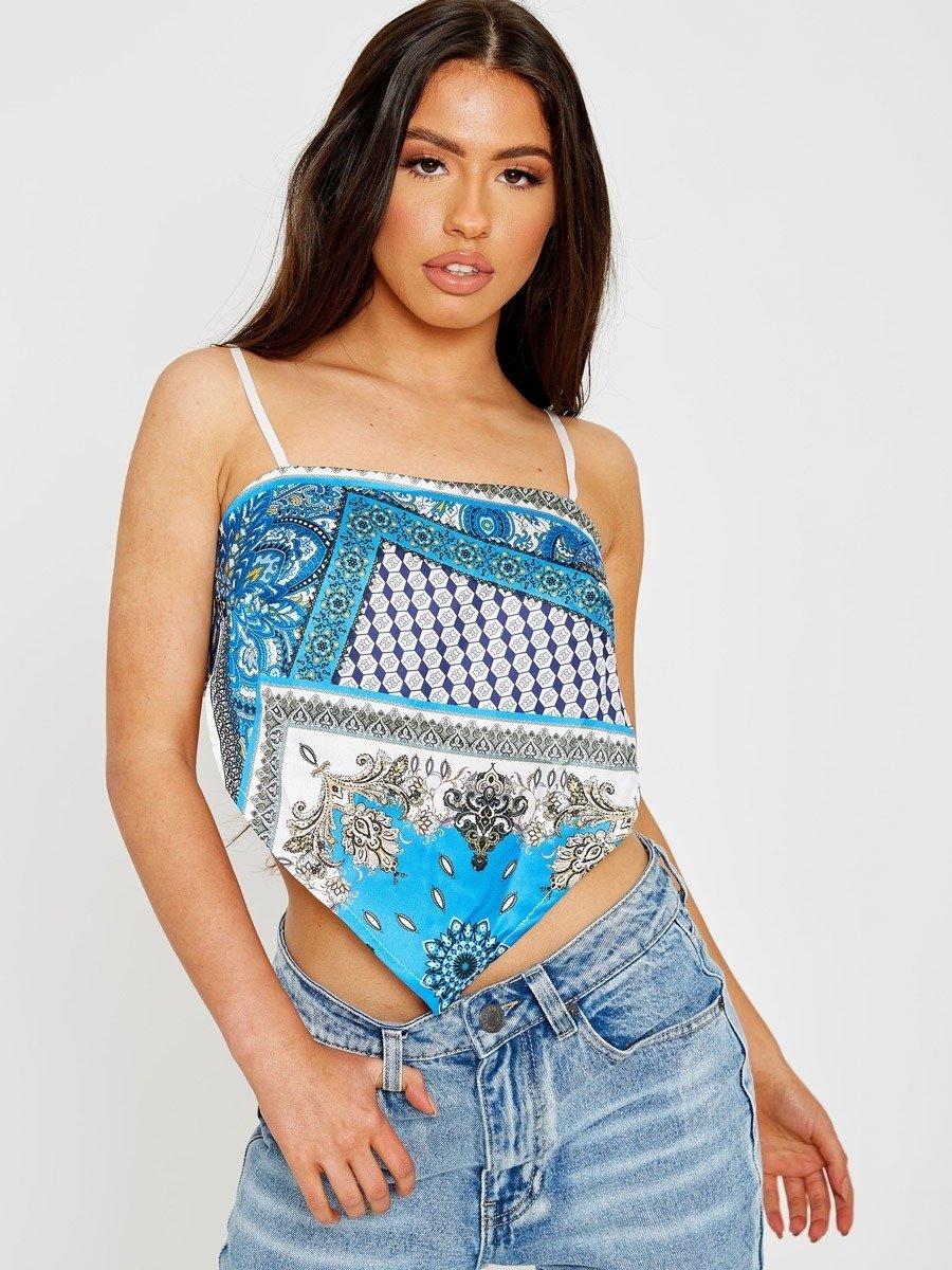 Blue Scarf Print Tie Knot Back Cami Crop Top