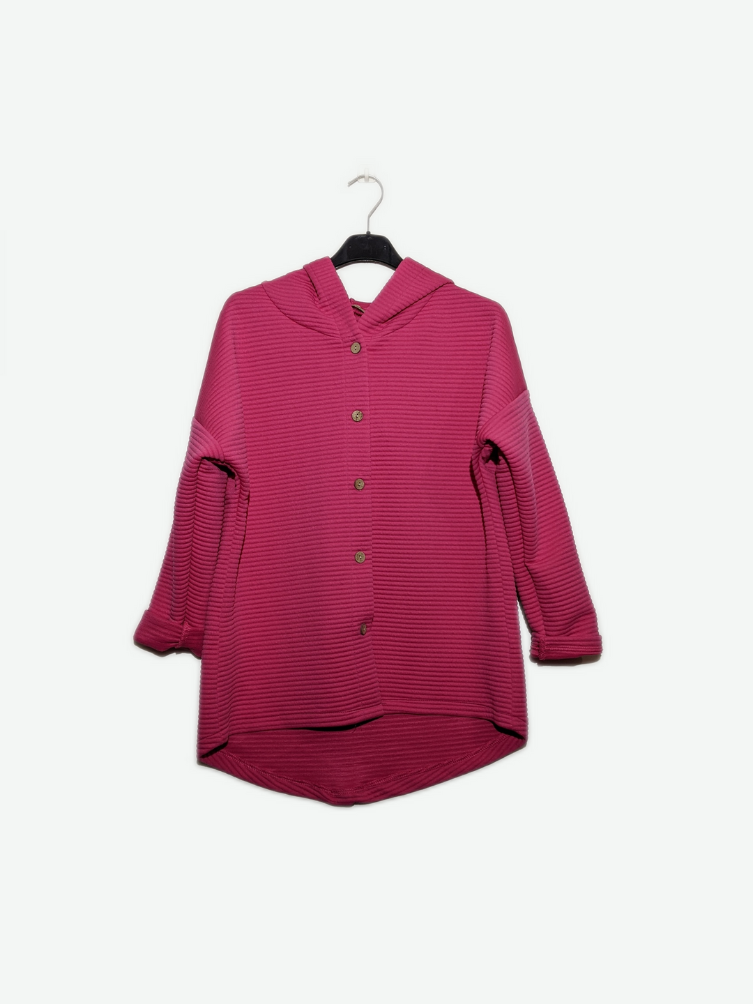 Cerise Pink Ribbed Lightweight Button Hooded Jacket ShineFashions.ie