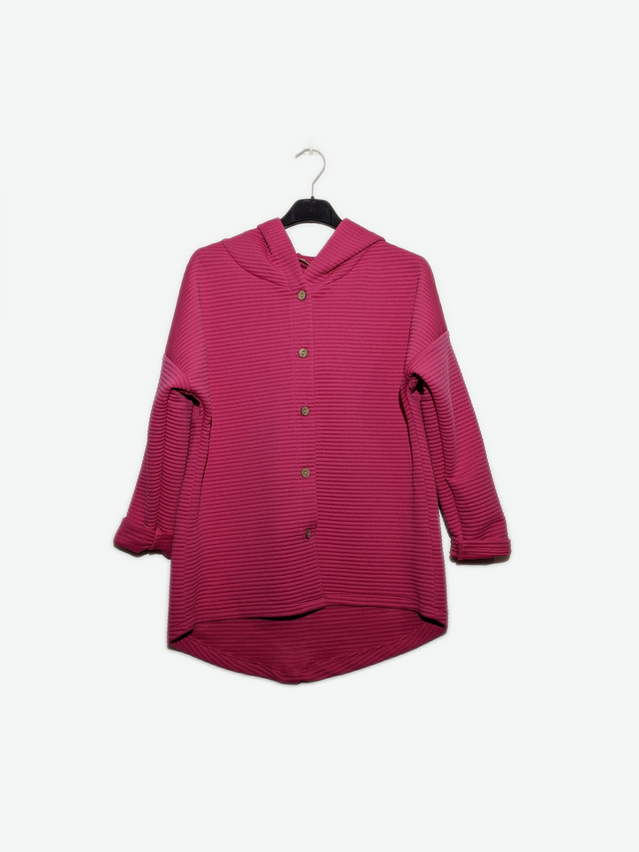 Cerise Pink Ribbed Lightweight Button Hooded Jacket