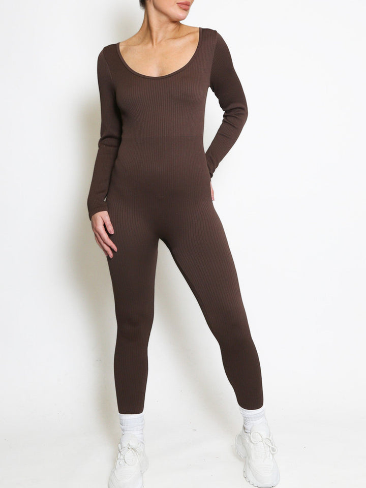 Chocolate Brown Long Sleeves Ribbed Seamless Jumpsuit Unitard