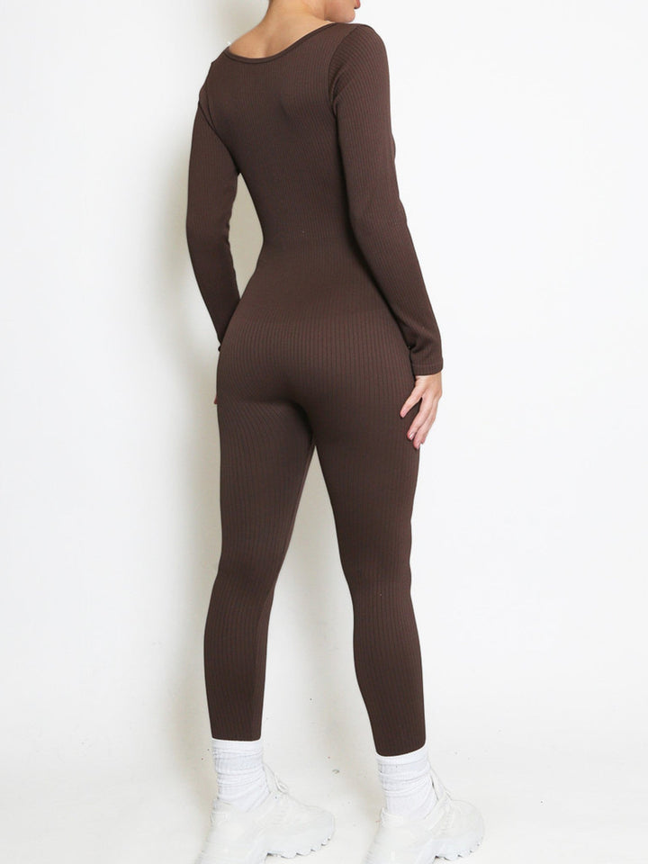 Chocolate Brown Long Sleeves Ribbed Seamless Jumpsuit Unitard