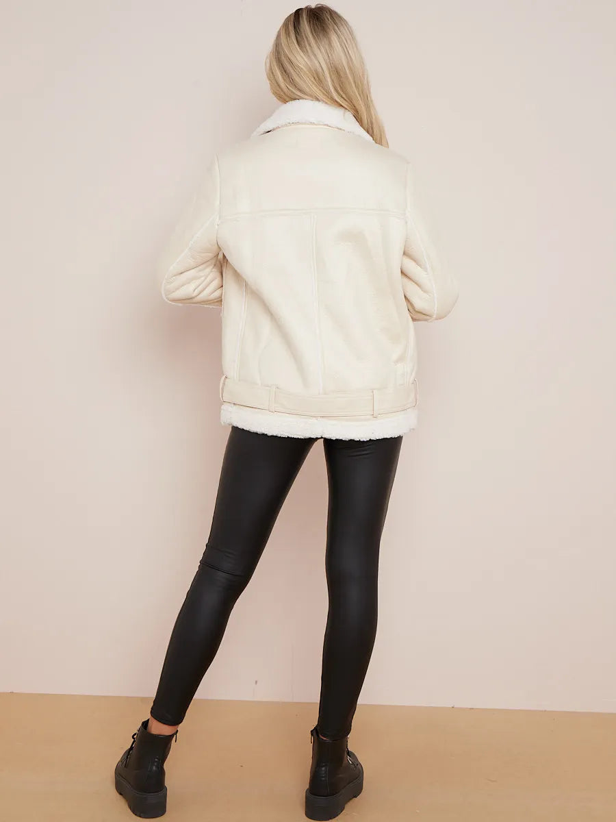 Cream Faux Leather Lined Belted Aviator Jacket – - Main Image