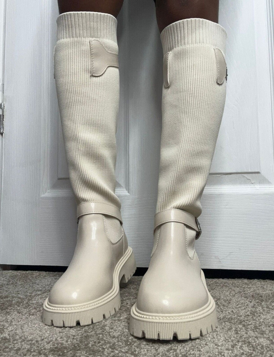 Cream Knee High Buckle Detail Sock Chunky Boots