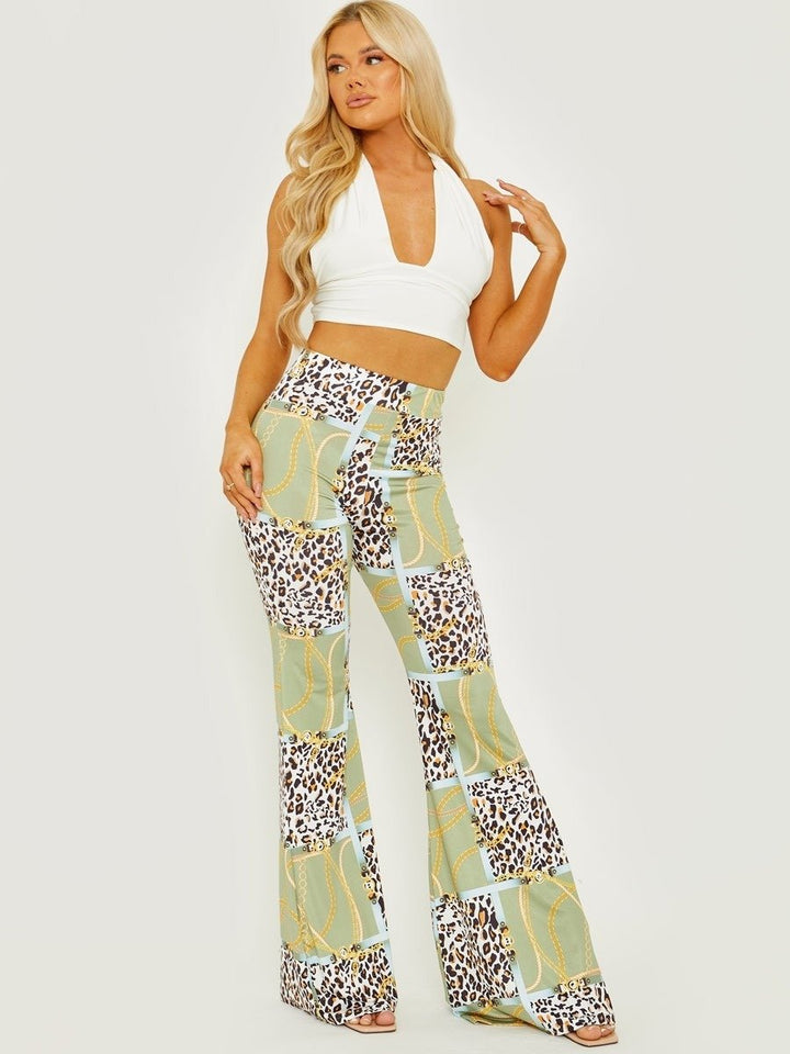 Green Leopard Chain Print Slinky Wide Leg Flared Trouser