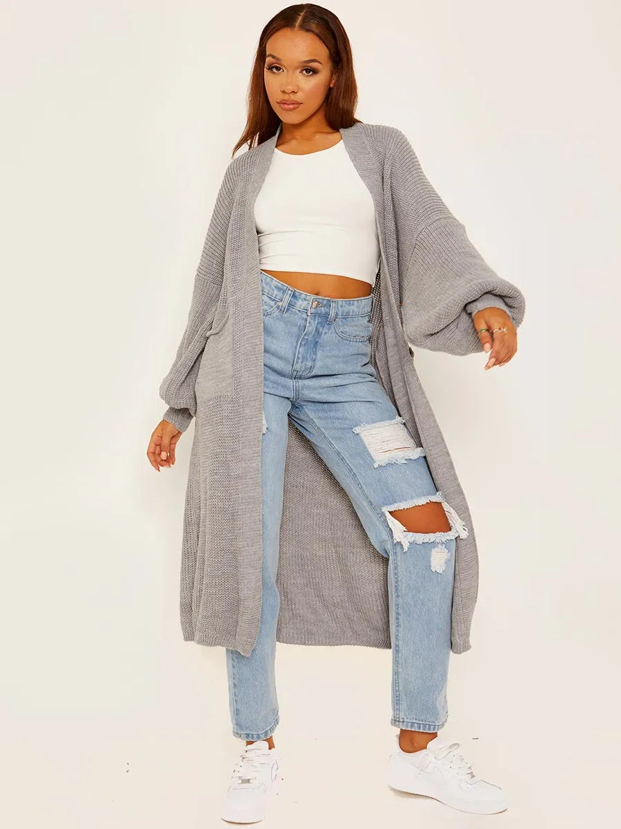 Grey Balloon Sleeves Knitted Longline Open Cardigan