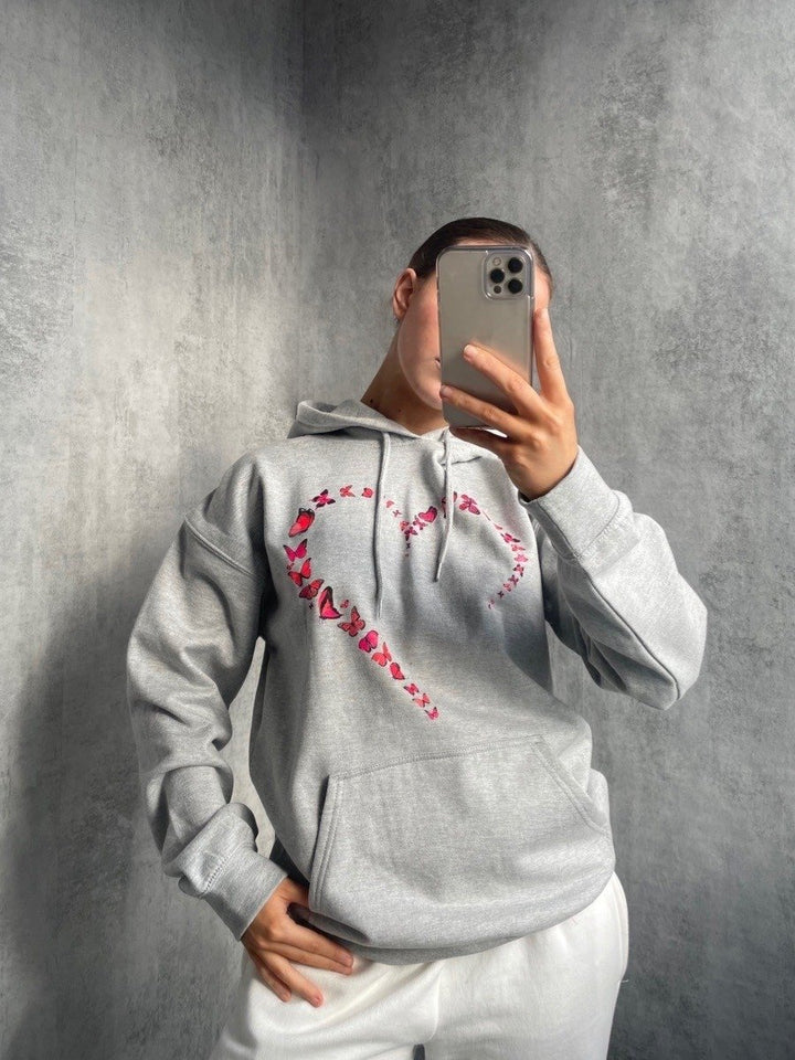 Grey Butterfly Heart Graphic Fleeced Hoodie