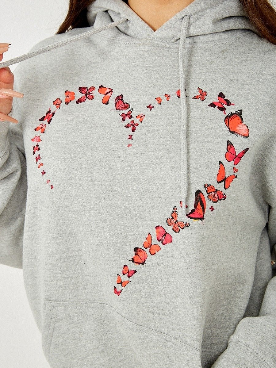 Grey Butterfly Heart Graphic Fleeced Hoodie