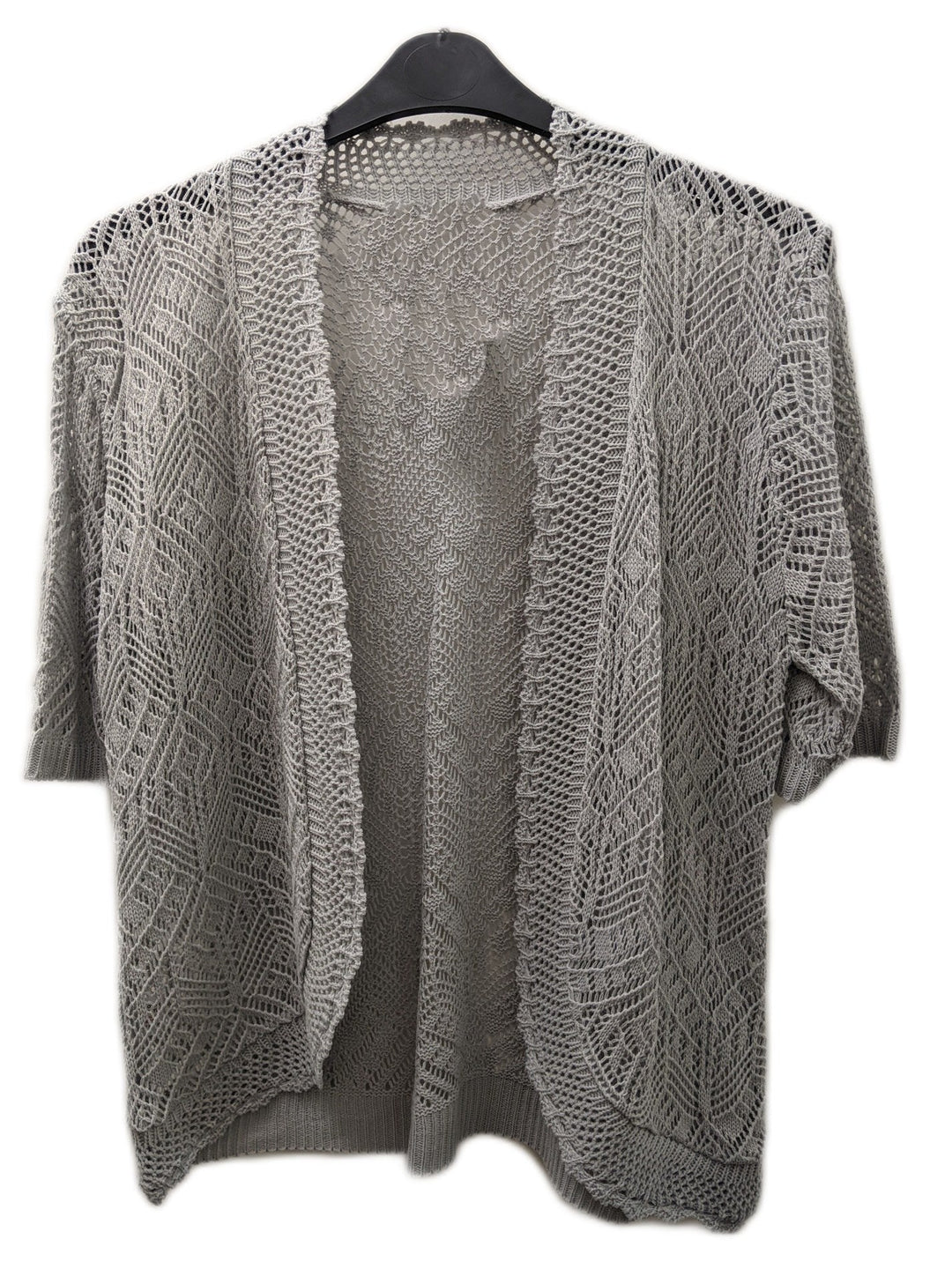 Grey Knitted Crochet Open Short Sleeve Cardigan