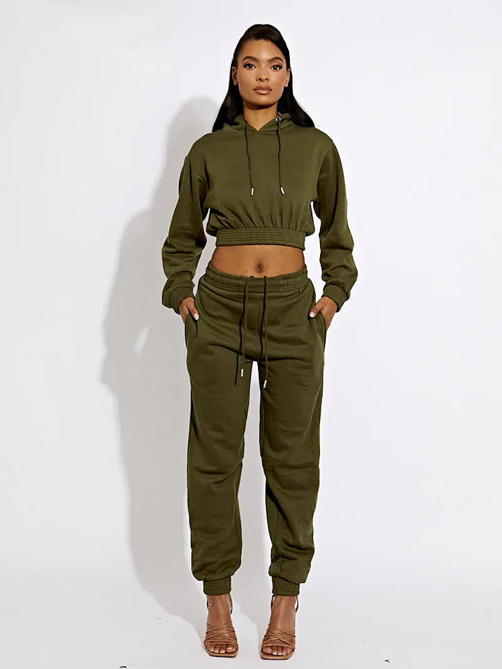 Khaki Green Cropped Hoodie & Jogger Fleece Loungewear Co-ord