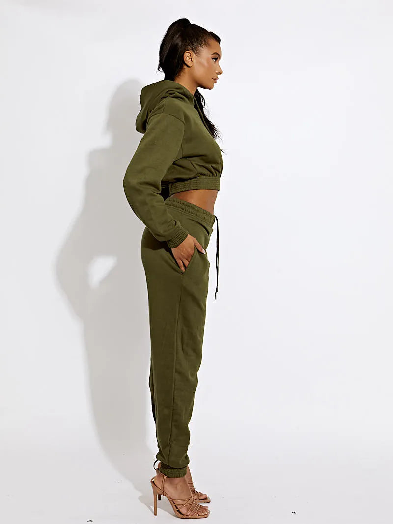 Khaki Green Cropped Hoodie & Jogger Fleece Loungewear Co-ord