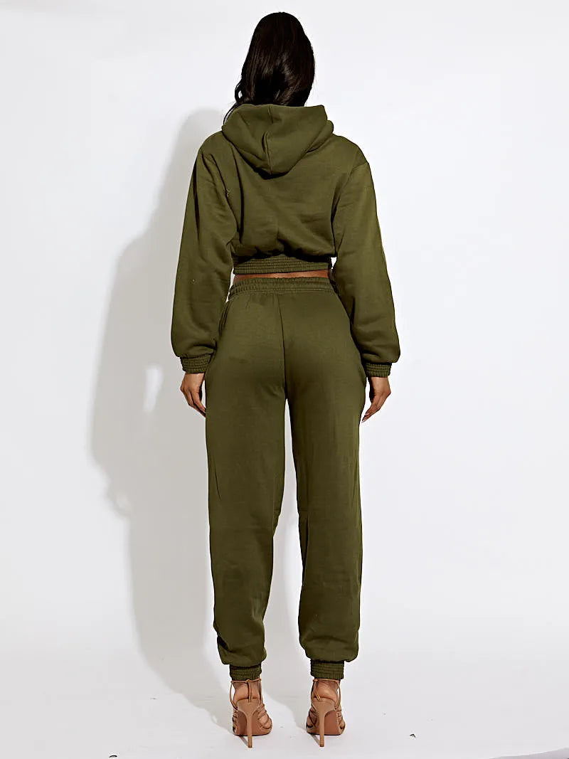 Khaki Green Cropped Hoodie & Jogger Fleece Loungewear Co-ord