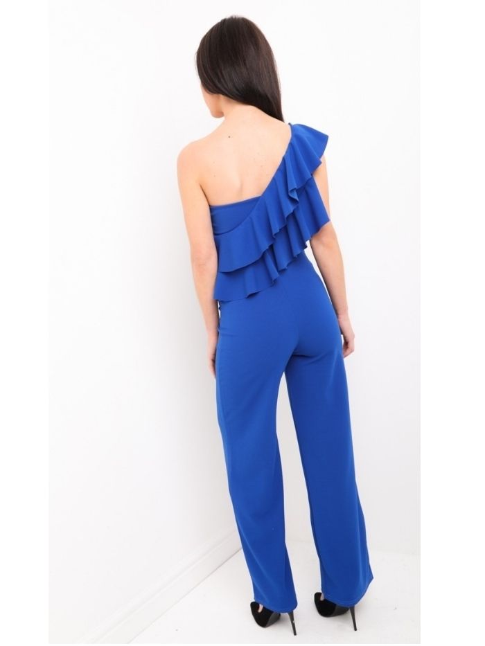 Royal Blue One Shoulder Frill Jumpsuit